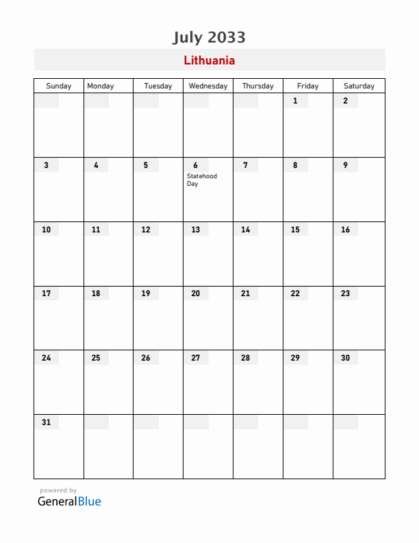 Lithuania July 2033 Calendar with Holidays