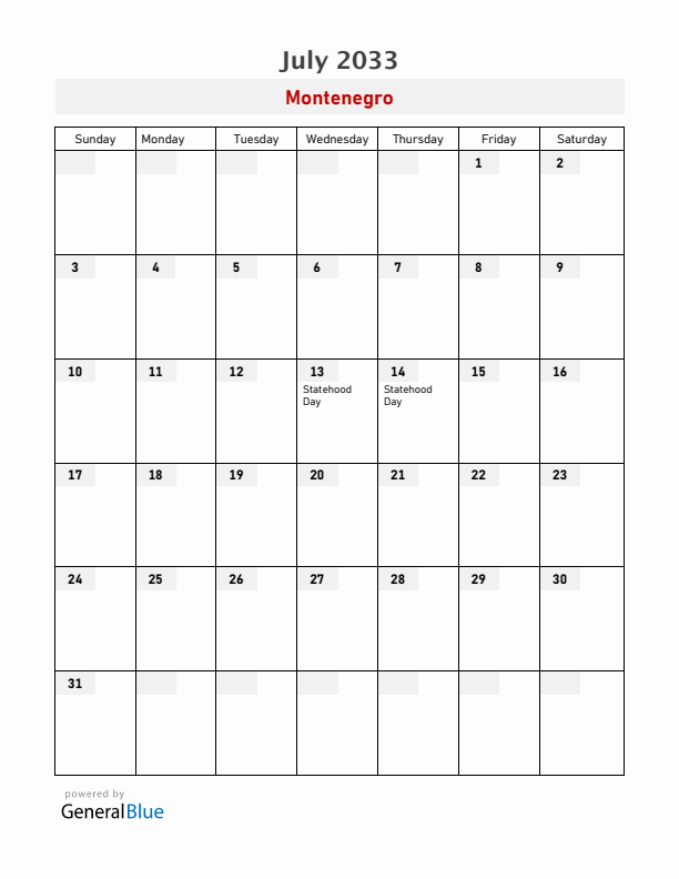 Montenegro July 2033 Calendar with Holidays