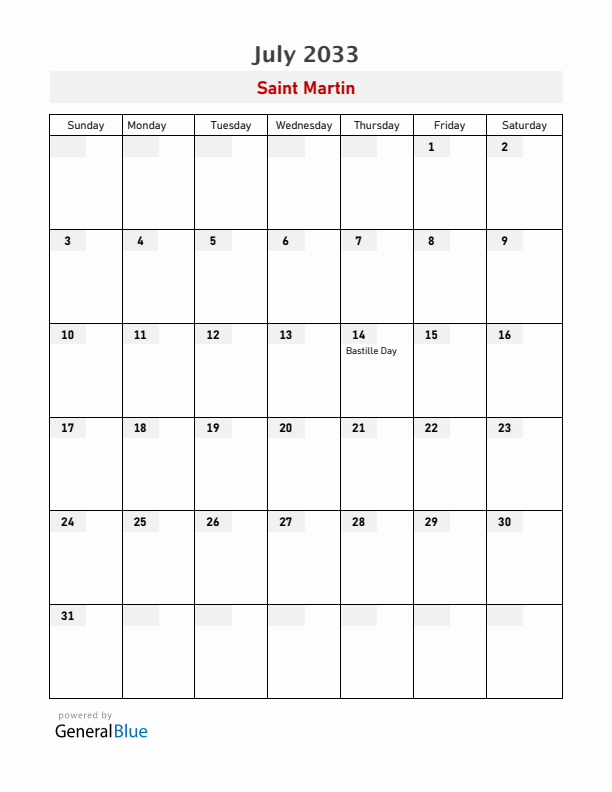 Saint Martin July 2033 Calendar with Holidays