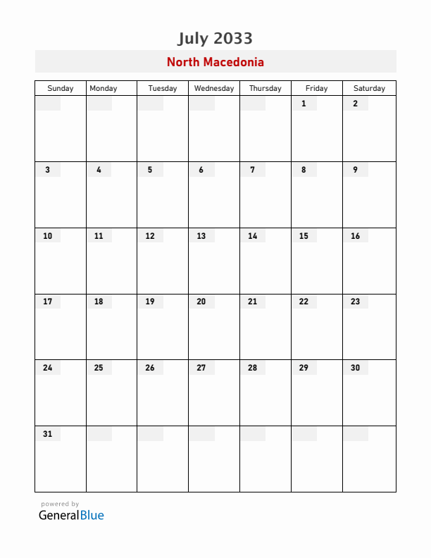 North Macedonia July 2033 Calendar with Holidays