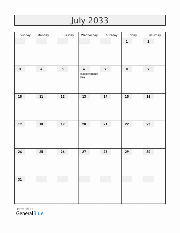 Malawi July 2033 Calendar with Holidays