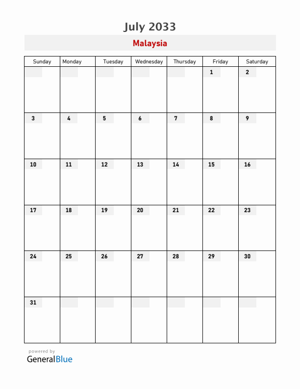 Malaysia July 2033 Calendar with Holidays