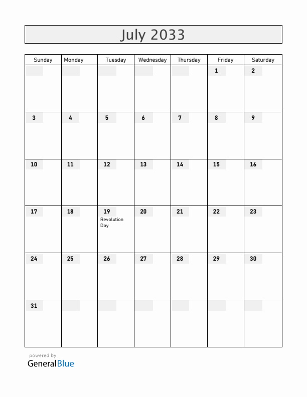 Nicaragua July 2033 Calendar with Holidays