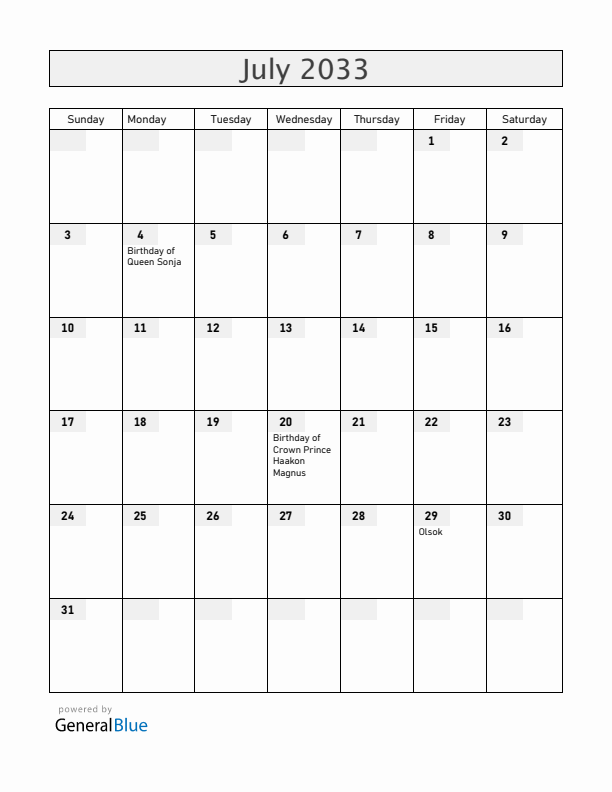 Norway July 2033 Calendar with Holidays