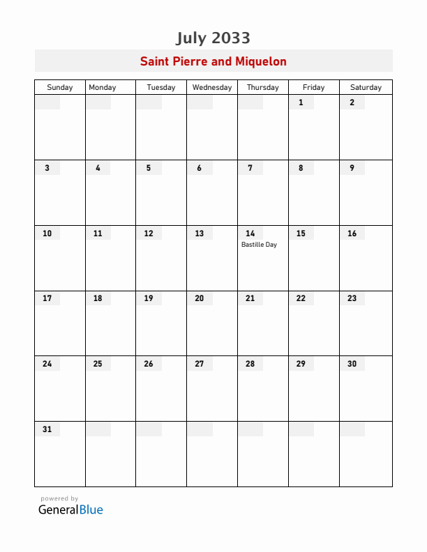 Saint Pierre and Miquelon July 2033 Calendar with Holidays