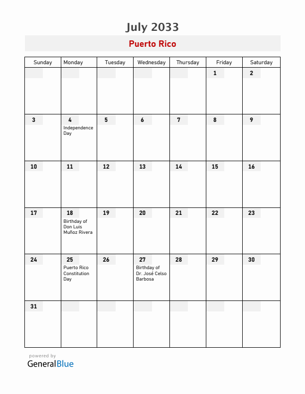 Puerto Rico July 2033 Calendar with Holidays