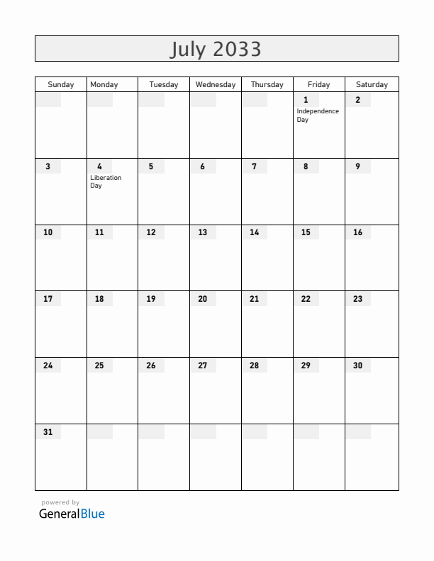 Rwanda July 2033 Calendar with Holidays