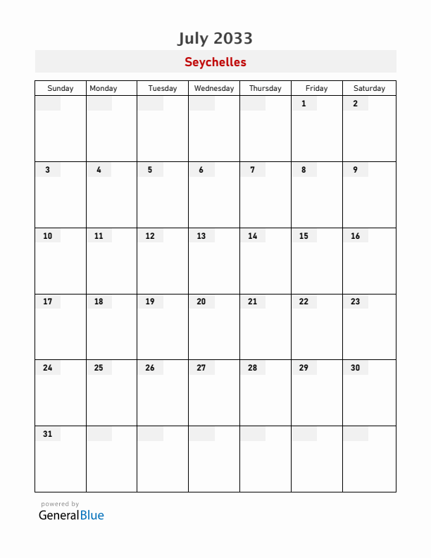 Seychelles July 2033 Calendar with Holidays
