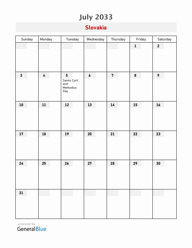 Slovakia July 2033 Calendar with Holidays