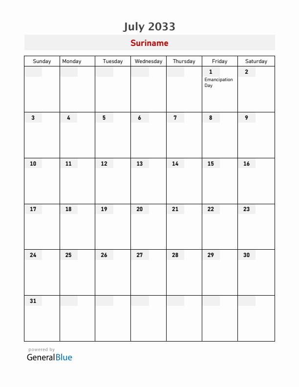 Suriname July 2033 Calendar with Holidays