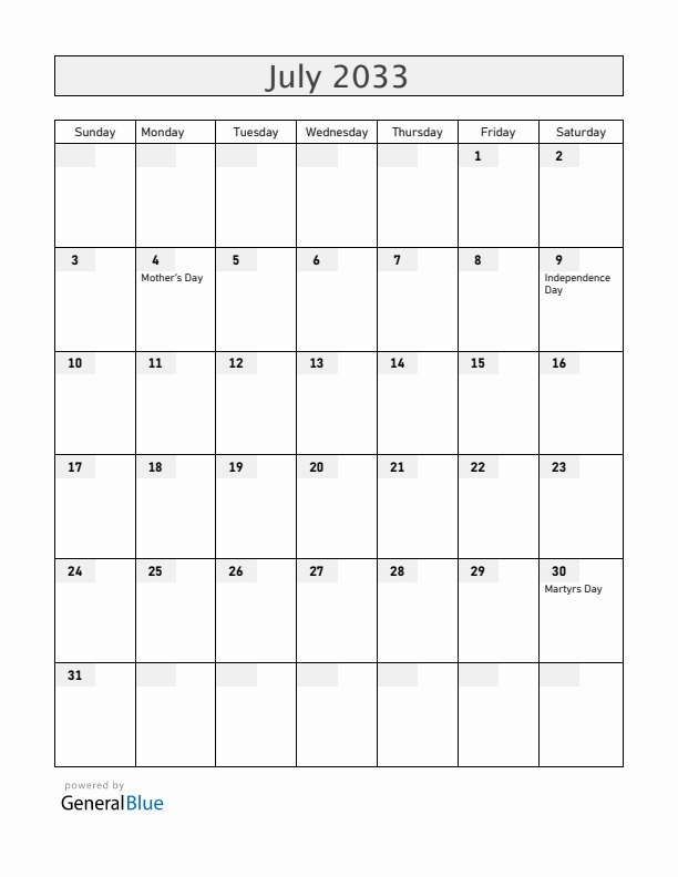 South Sudan July 2033 Calendar with Holidays