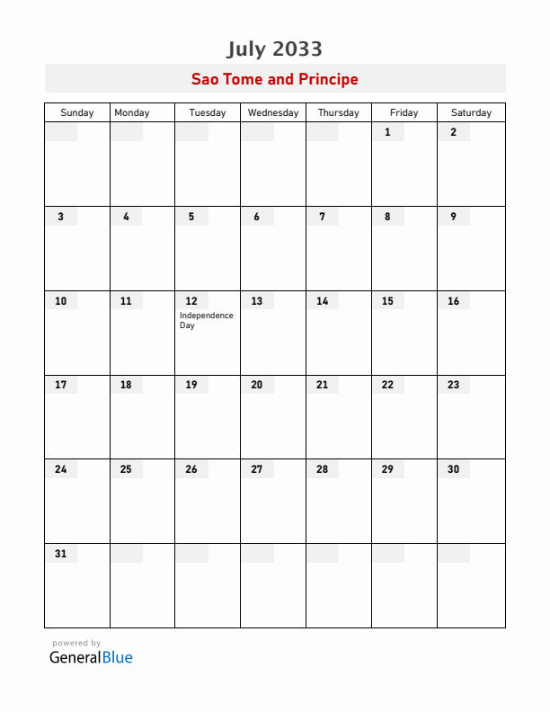 Sao Tome and Principe July 2033 Calendar with Holidays