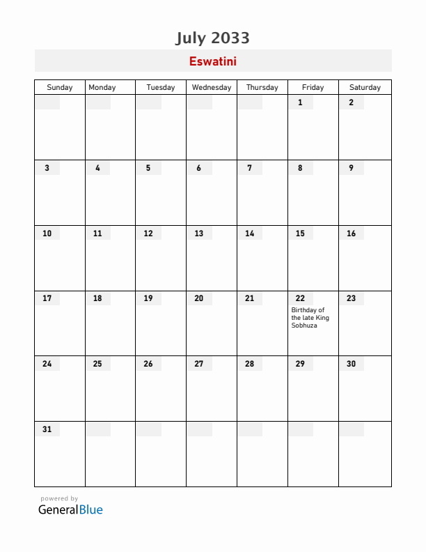 Eswatini July 2033 Calendar with Holidays