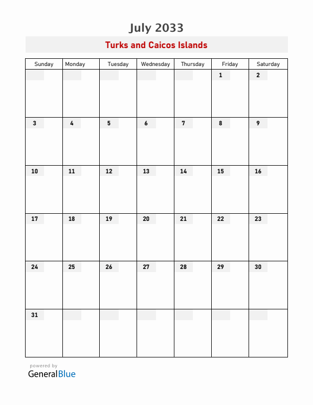 Turks and Caicos Islands July 2033 Calendar with Holidays
