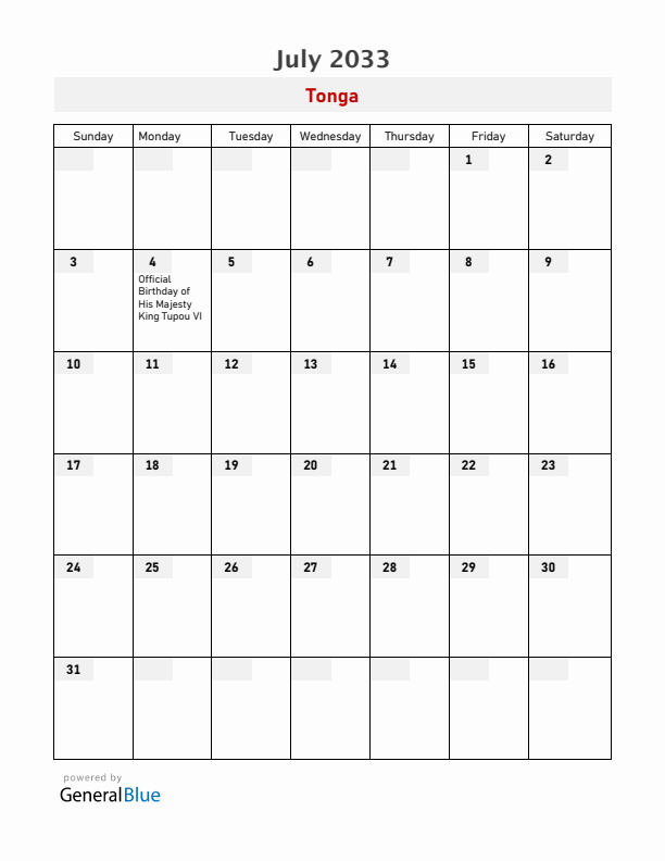 Tonga July 2033 Calendar with Holidays
