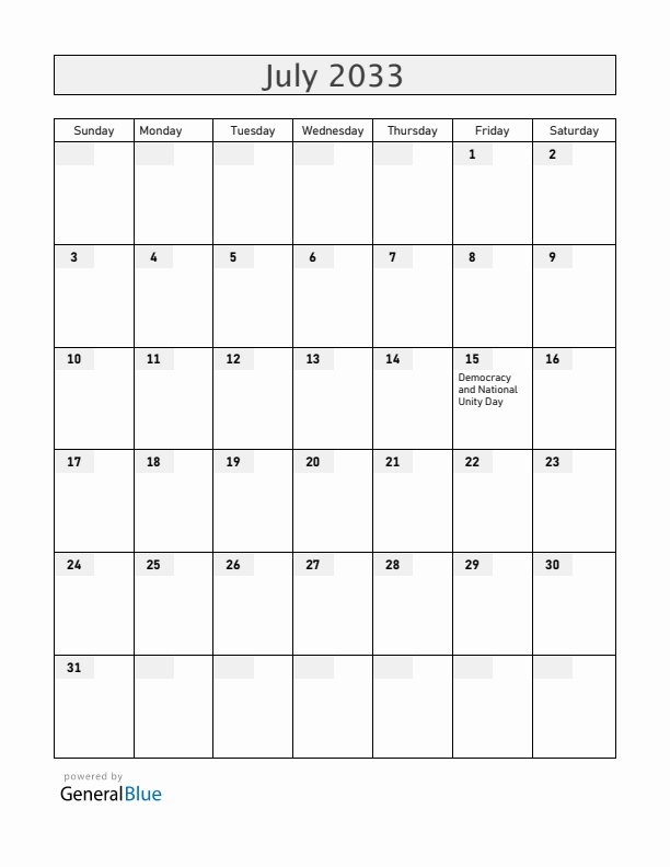Turkey July 2033 Calendar with Holidays