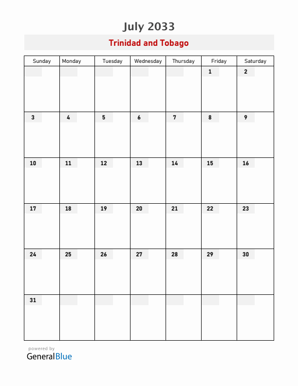 Trinidad and Tobago July 2033 Calendar with Holidays