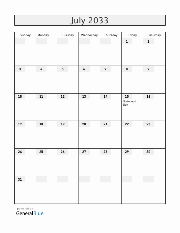 Ukraine July 2033 Calendar with Holidays
