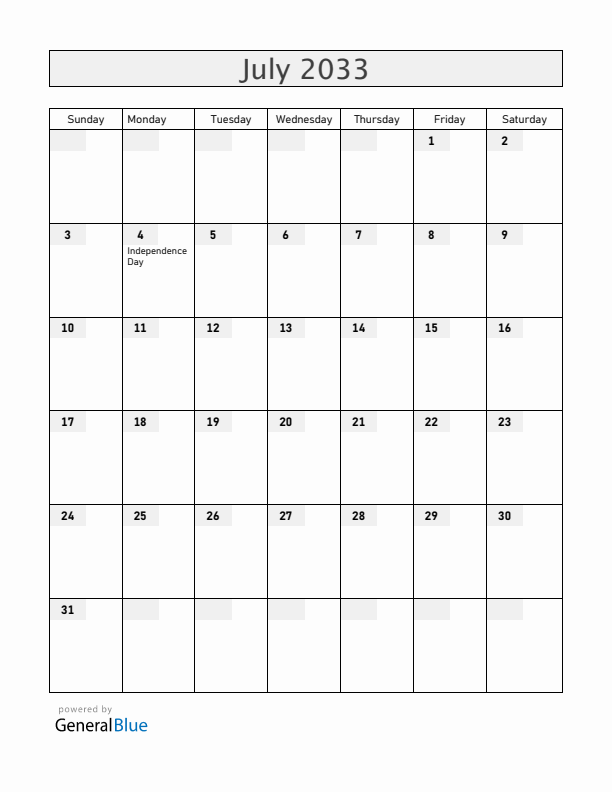 United States July 2033 Calendar with Holidays