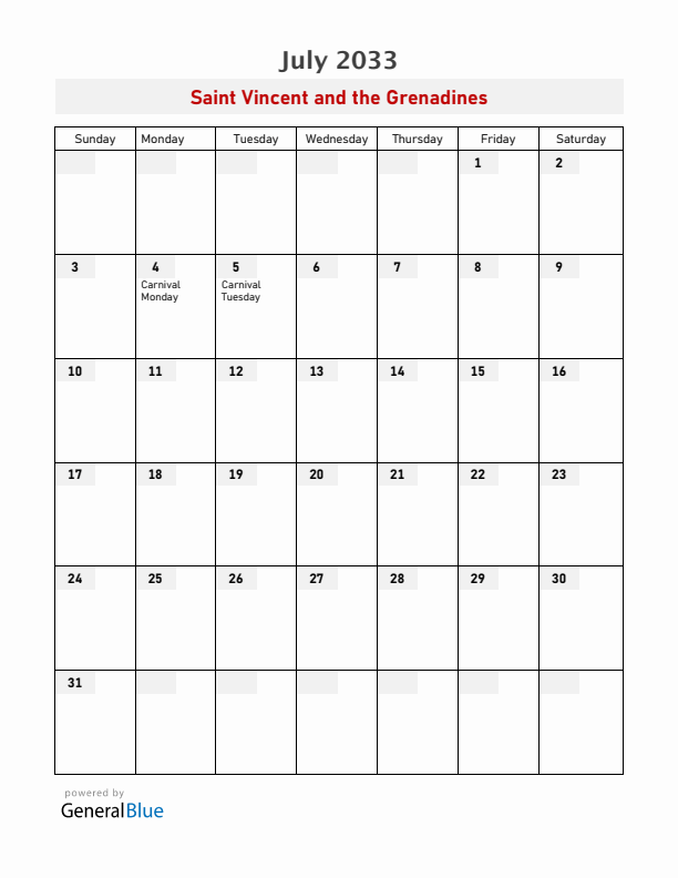 Saint Vincent and the Grenadines July 2033 Calendar with Holidays