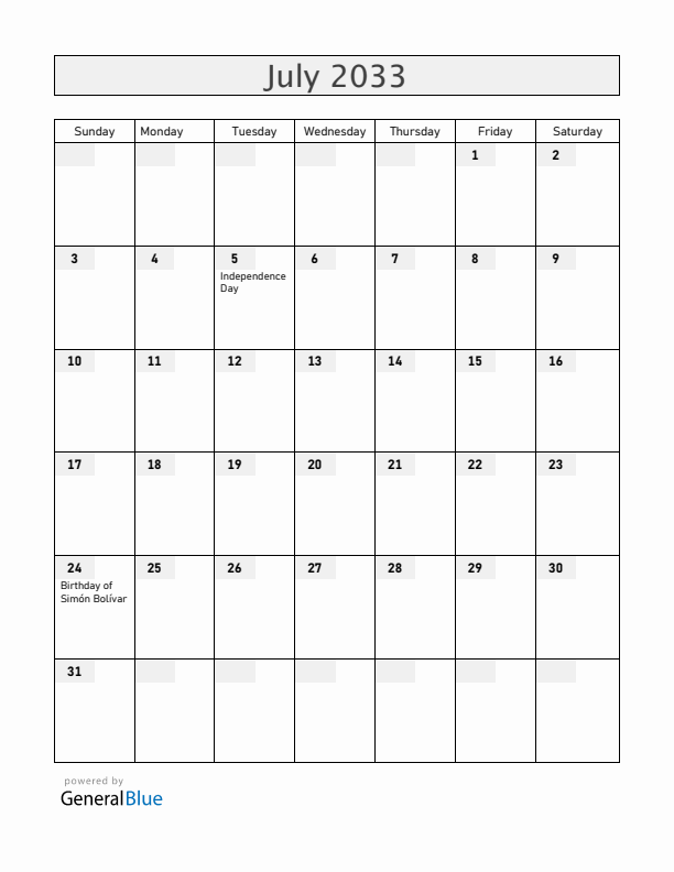Venezuela July 2033 Calendar with Holidays