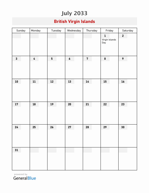 British Virgin Islands July 2033 Calendar with Holidays