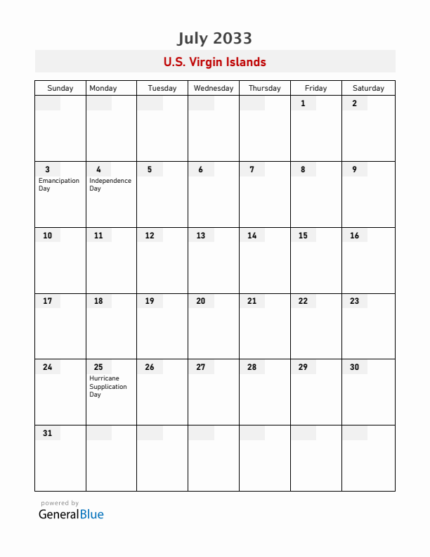 U.S. Virgin Islands July 2033 Calendar with Holidays