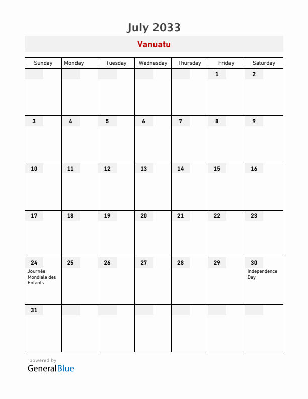Vanuatu July 2033 Calendar with Holidays