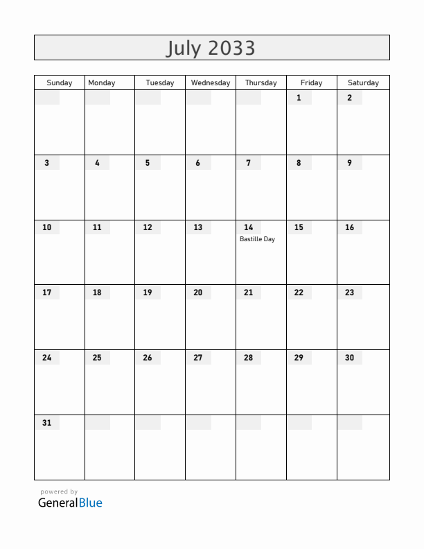 Mayotte July 2033 Calendar with Holidays
