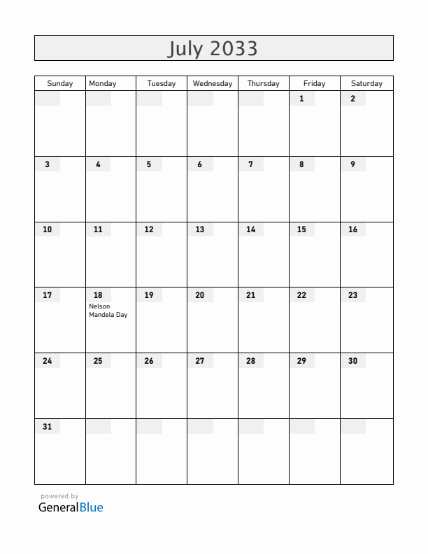 South Africa July 2033 Calendar with Holidays