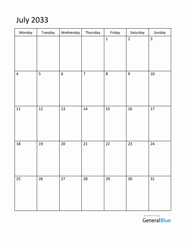 Monday Start Calendar for July 2033