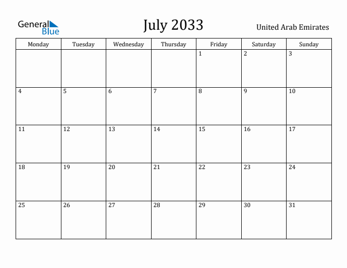 July 2033 Calendar United Arab Emirates
