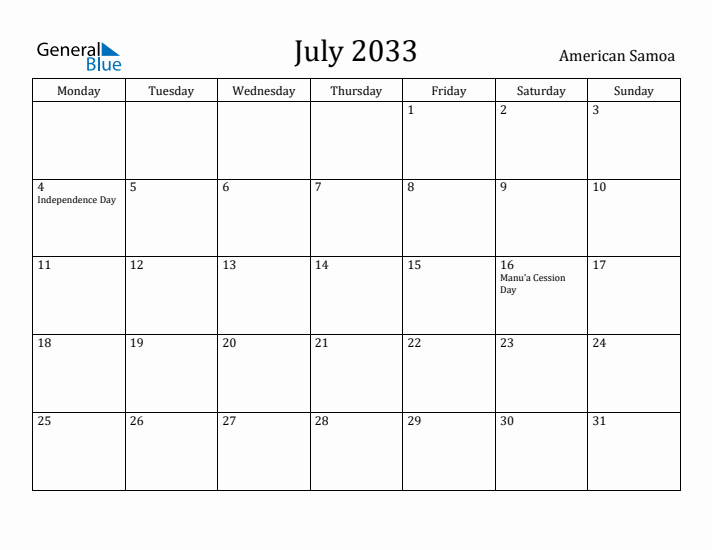 July 2033 Calendar American Samoa