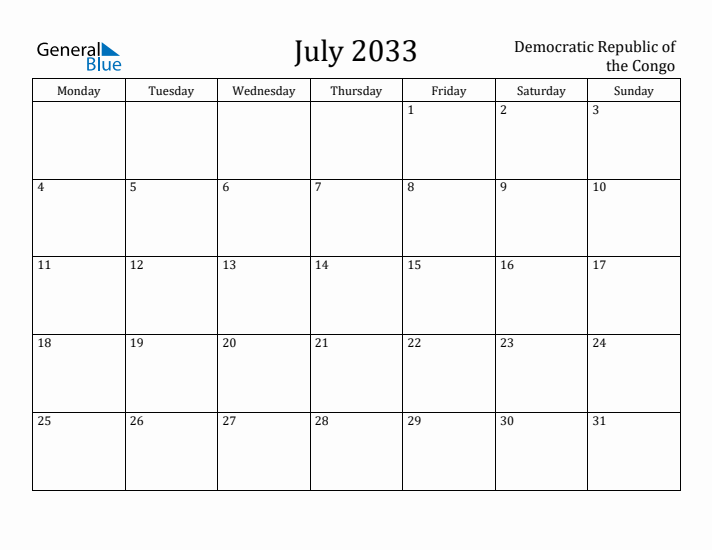 July 2033 Calendar Democratic Republic of the Congo