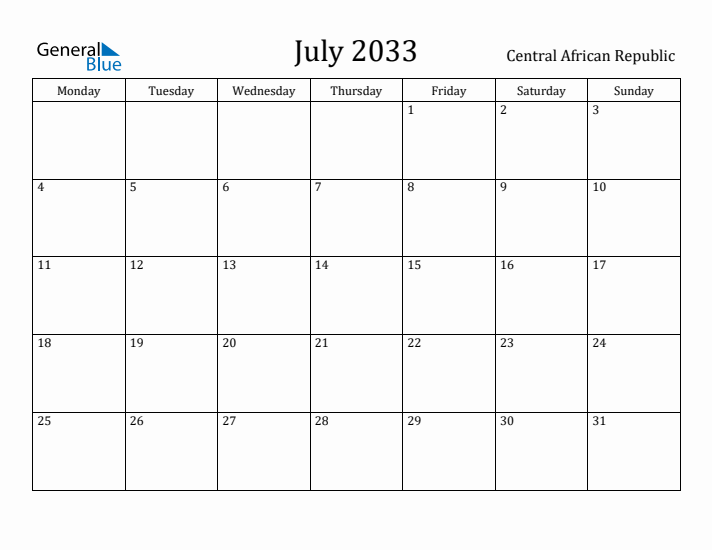 July 2033 Calendar Central African Republic