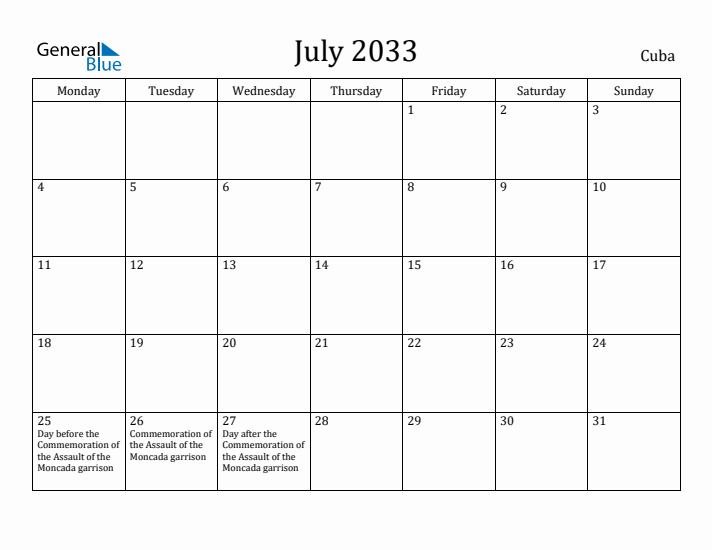 July 2033 Calendar Cuba