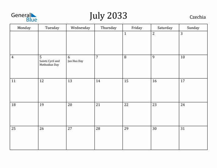 July 2033 Calendar Czechia
