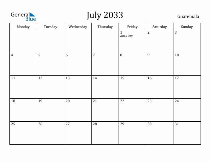 July 2033 Calendar Guatemala