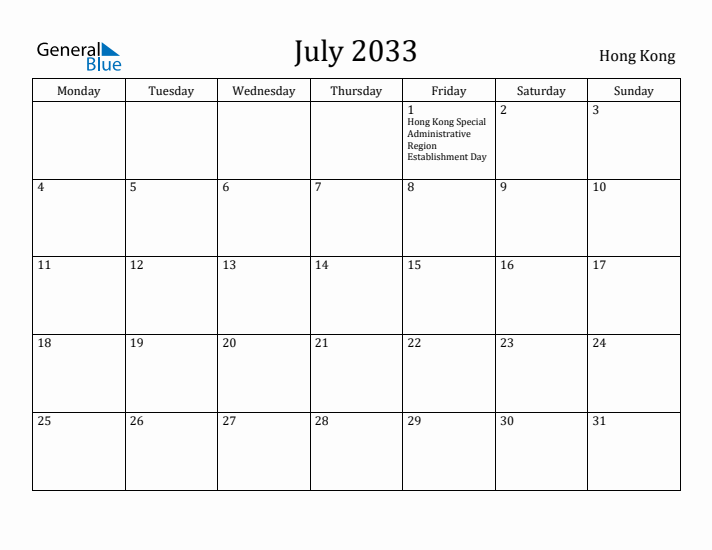 July 2033 Calendar Hong Kong