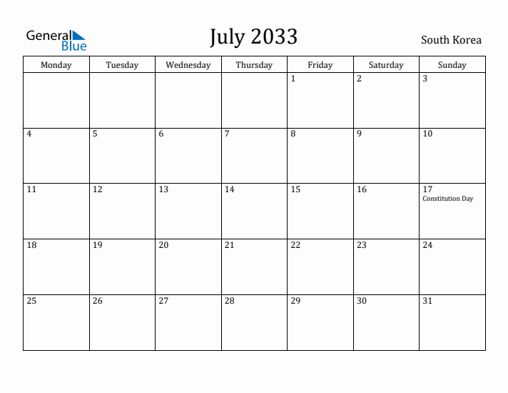 July 2033 Calendar South Korea