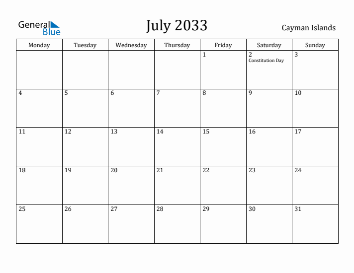 July 2033 Calendar Cayman Islands