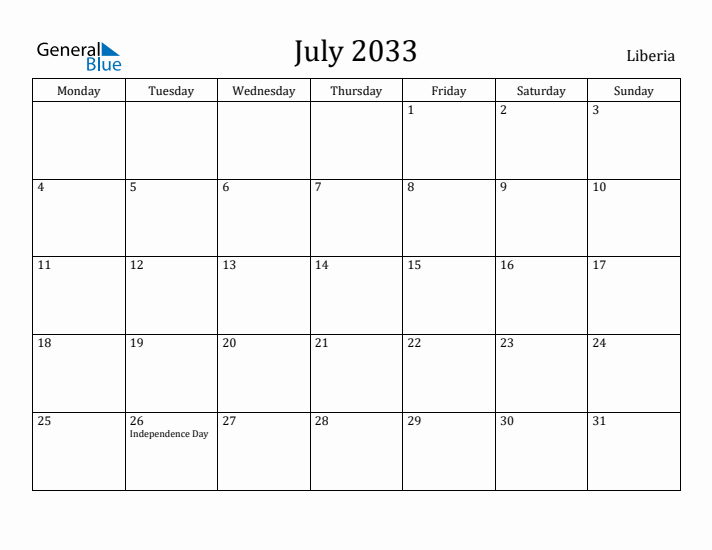 July 2033 Calendar Liberia