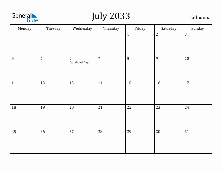 July 2033 Calendar Lithuania