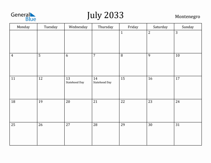 July 2033 Calendar Montenegro