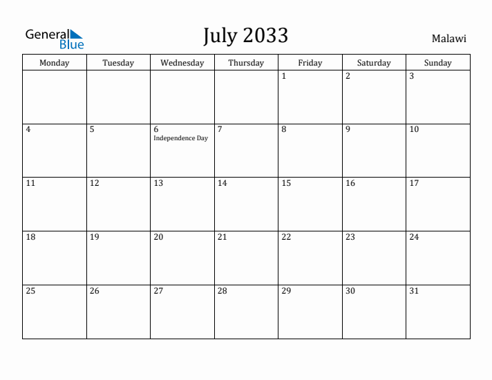 July 2033 Calendar Malawi