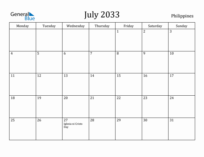 July 2033 Calendar Philippines