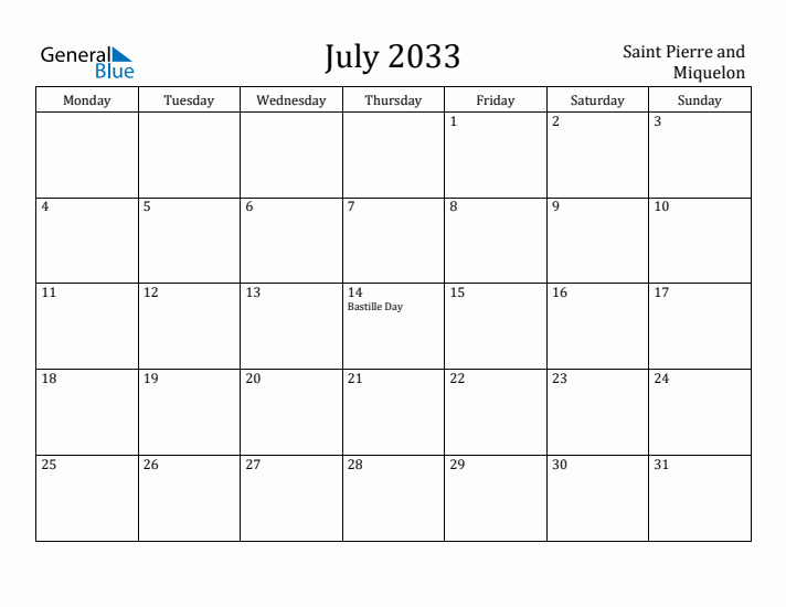 July 2033 Calendar Saint Pierre and Miquelon