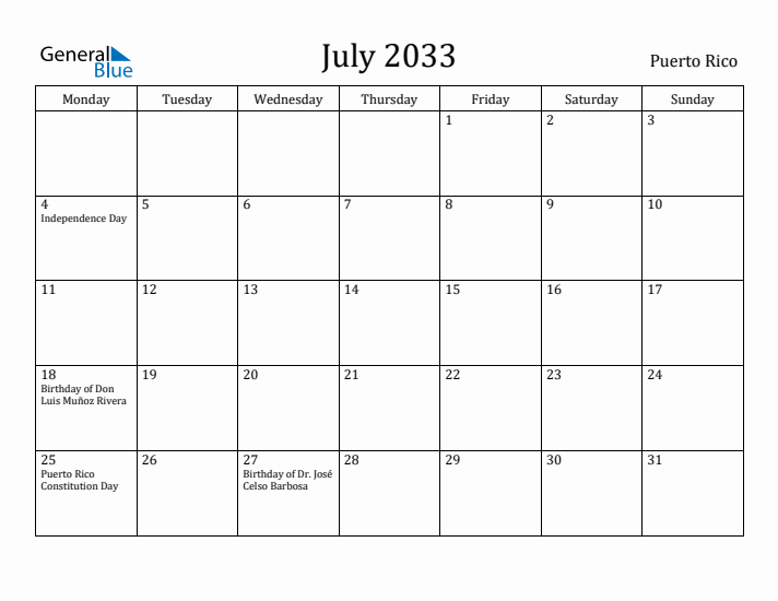 July 2033 Calendar Puerto Rico