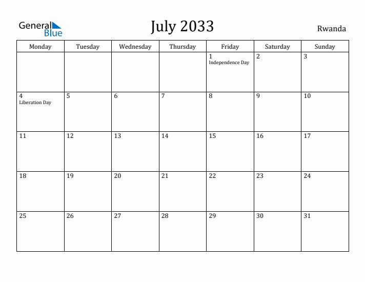 July 2033 Calendar Rwanda