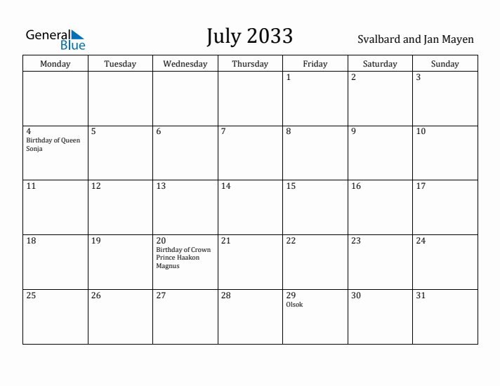 July 2033 Calendar Svalbard and Jan Mayen